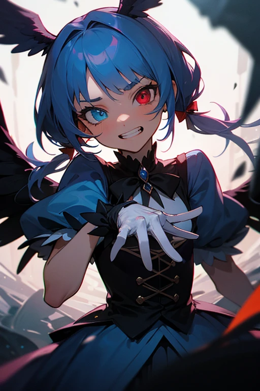 ((Top Quality)), ((Excellent)), (Detailed), Perfect face 1 girl, alone, long hair, looking at viewer, bangs, blue eyes, red eyes, gloves, dress, bow, pigtails, jewelry, blue hair, redhead, wings, shining, heterochromia iridum, magical girl, clenching teeth, 2 heavy personality, black wings, dark person, transformation, corruption, split theme