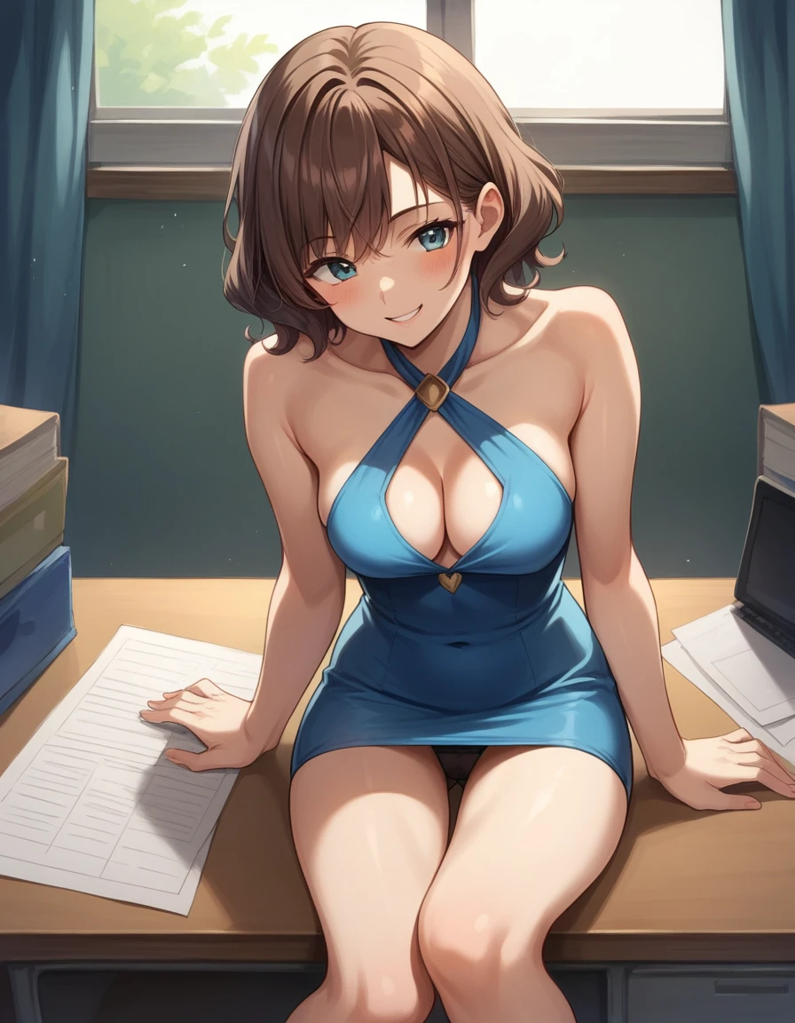 score_9, score_8_up, score_7_up, score_6_up, BREAK, 1girl, 30yo, female, short, slender slutty girl, brunette, wavy hair, cute and mature, wearing (very short blue halter minidress:1.3), (medium breasts, shoulder length hair:1.5), cleavage, BREAK, luxury office, sitting on large executive desk, sexy black panties visible, sexy smirk, perfect proportions.