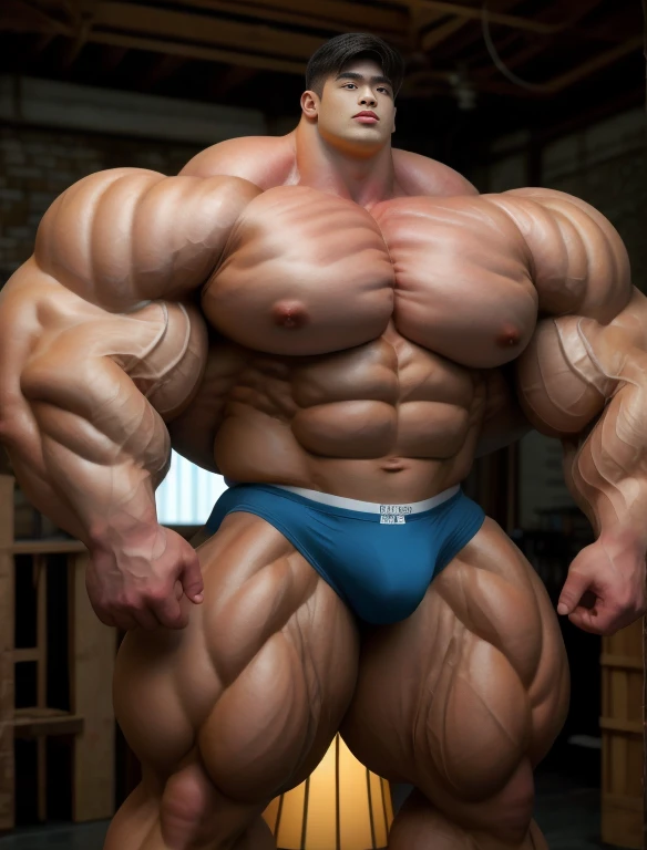 1boy, giant, asian, solo, giant bodybuilder, illuminating light, strong body, bulk, large size, standing in whiet photo studio, indoor, nude, blue triangular underwear with enormous bulge, extraordinary big, brutalmass, giant muscular body, bulk, buff, massive body, large meaty body size, extremely wide body