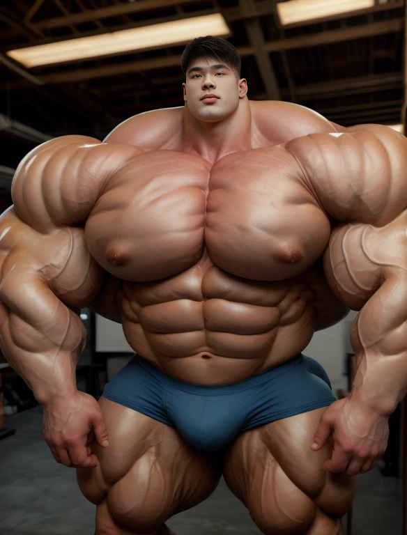 1boy, giant, asian, solo, giant bodybuilder, illuminating light, strong body, bulk, large size, standing in whiet photo studio, indoor, nude, blue triangular underwear with enormous bulge, extraordinary big, brutalmass, giant muscular body, bulk, buff, massive body, large meaty body size, extremely wide body