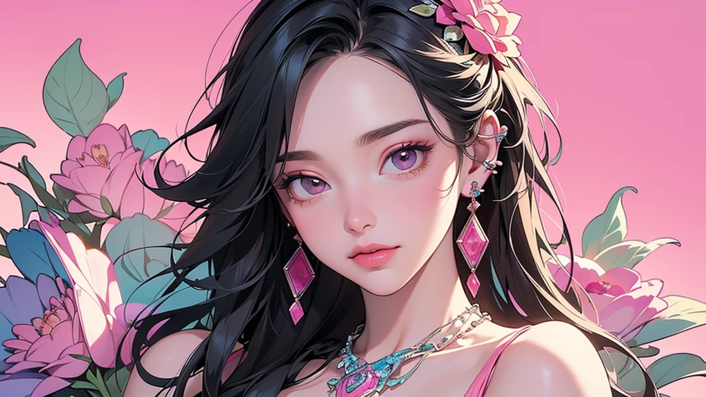 32K, 最高quality, 最高masterpiece, (ultra-Detailed Background, Detailed Background), High resolution, Super detailed, Very detailedな, One girl, (bouquet:1.3), (Tangled:1.2), (Geometric:1.2),(colorful),(masterpiece, quality, best quality, Official Art, Beautiful and beautiful:1.2), (1 girl:1.3), Very detailed,(colorful:1.1)(Flowers:1.3),Most detailed,(Tangled:1.2), whole body, (Abstract background:1.3), (Skin glows), (Many colors:1.4), ,(Earrings Jewelry:1.5), Gradient pink background,