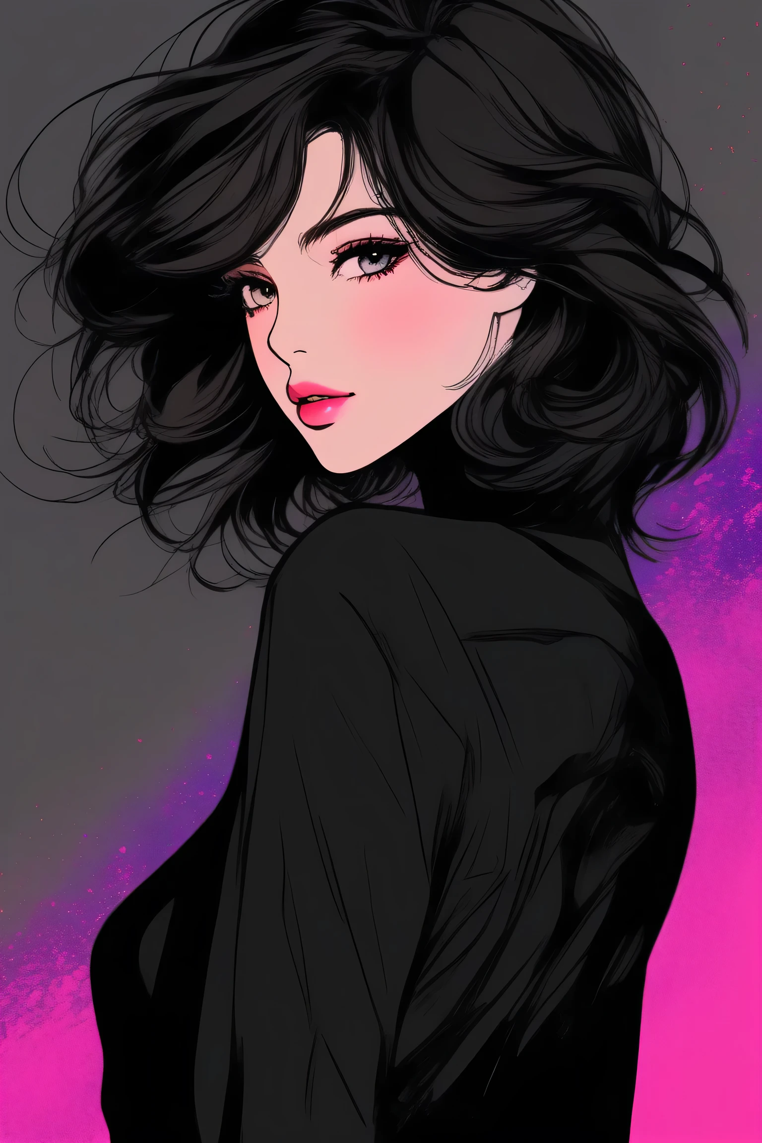 (best quality, sketch:1.2), epic realistic,illustrator,anime,1 women, detailed lips,custom, (background dark),textured cropping, hdr, details, masterpiece, style retro, colour gradient, art, (bob cascade hair (black:1.75) [neon:1.32])