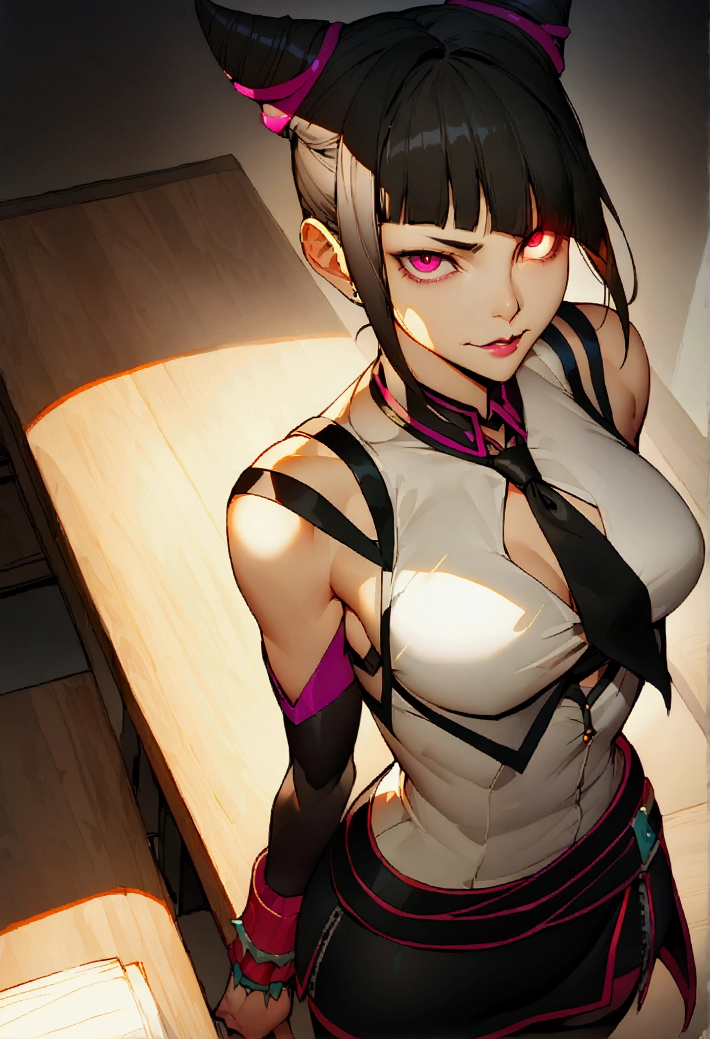 Juri Han, Artwork, fitted white secretary shirt with black tie, mini skirt short, skirt short,black tights, Bblack hair, blackstockings,Evil smile,desk,bangs on the eyes,Lighting,horn of hair,view from above,staring overhead,neckleace
