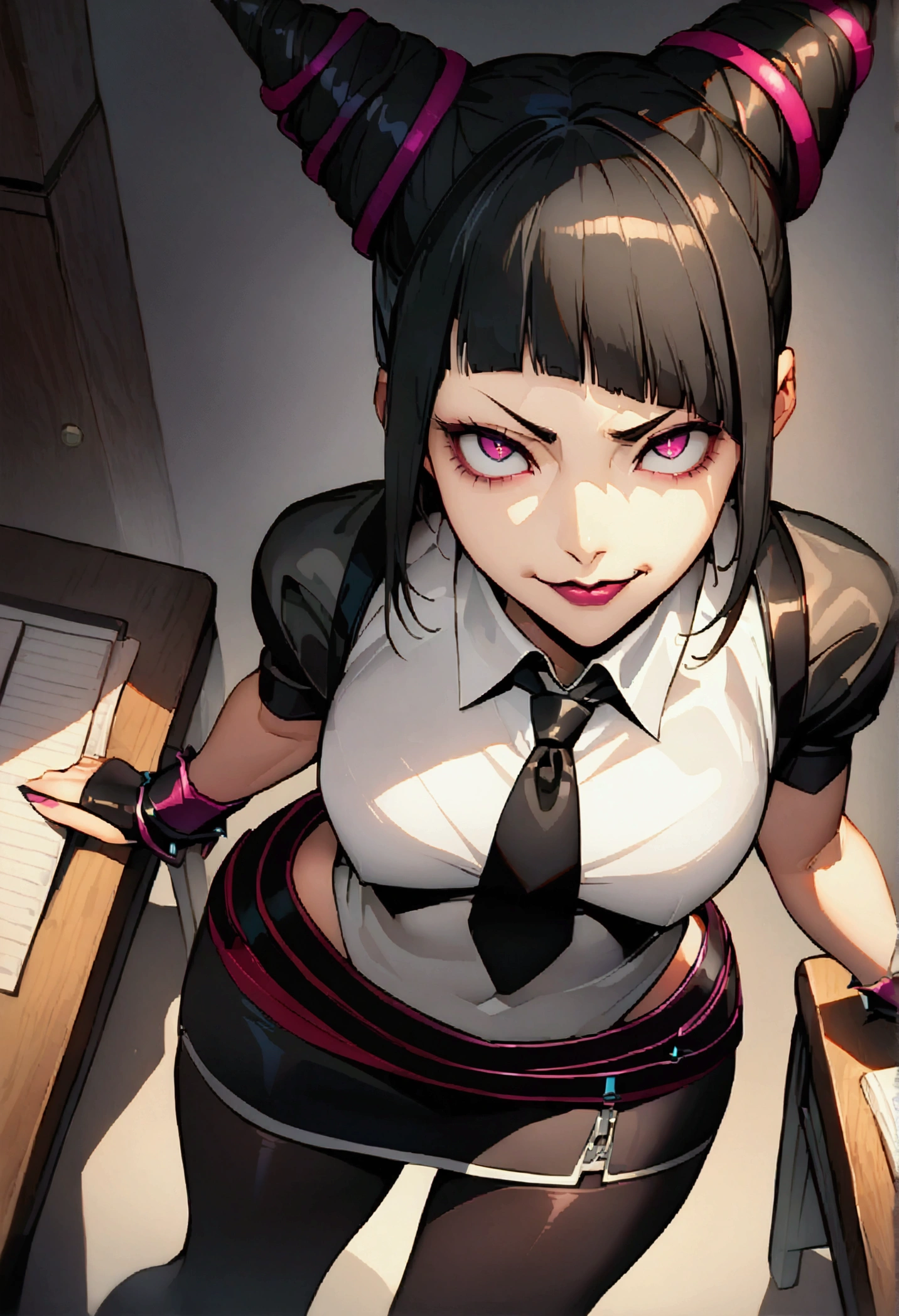 Juri Han, Artwork, fitted white secretary shirt with black tie, mini skirt short, skirt short,black tights, Bblack hair, blackstockings,Evil smile,desk,bangs on the eyes,Lighting,horn of hair,view from above,staring overhead,neckleace