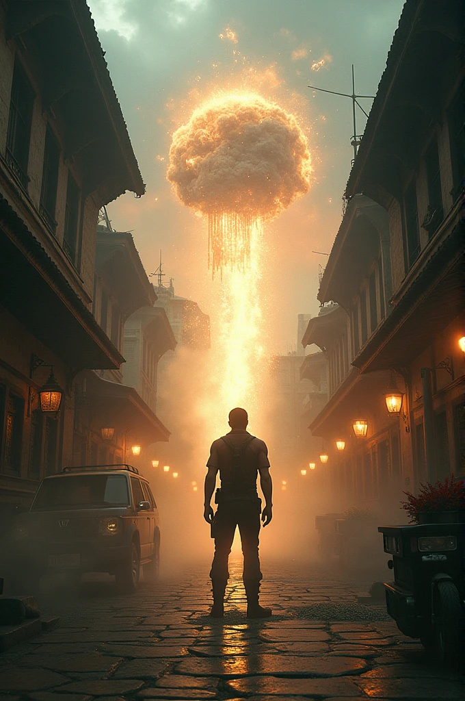 ethereal magical atmosphere, Leon Kennedy, battling in Australian Shepherd Bhaktapur, flashlig, blended visuals