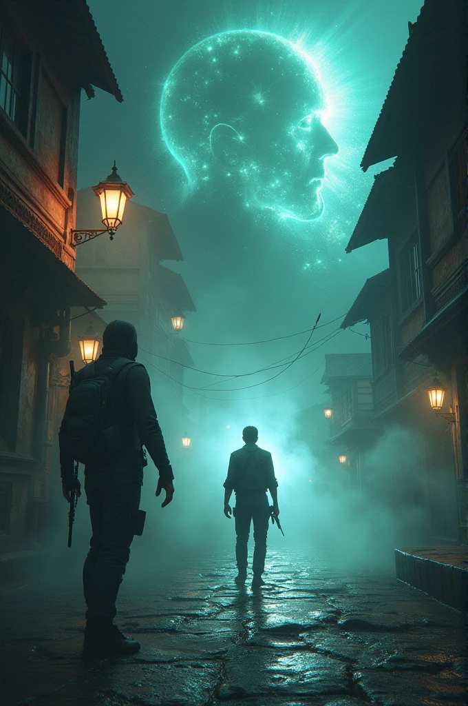 ethereal magical atmosphere, Leon Kennedy, battling in Australian Shepherd Bhaktapur, flashlig, blended visuals