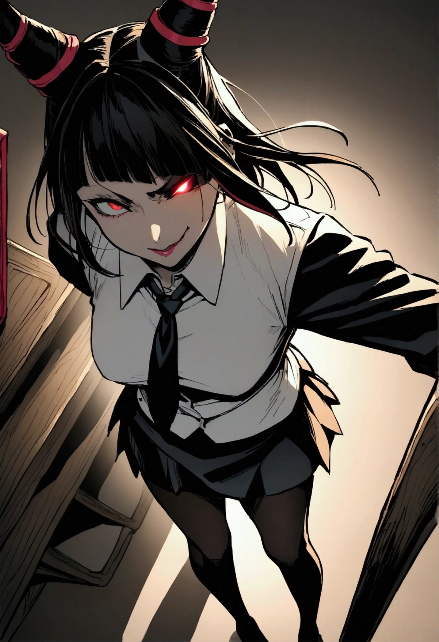 Juri Han, Artwork, fitted white secretary shirt with black tie, mini skirt short, skirt short,black tights, Bblack hair, blackstockings,Evil smile,desk,bangs on the eyes,Lighting,horn of hair,red eyes glowing,neckleace,evil smile hands on waist,curves,belas curves
