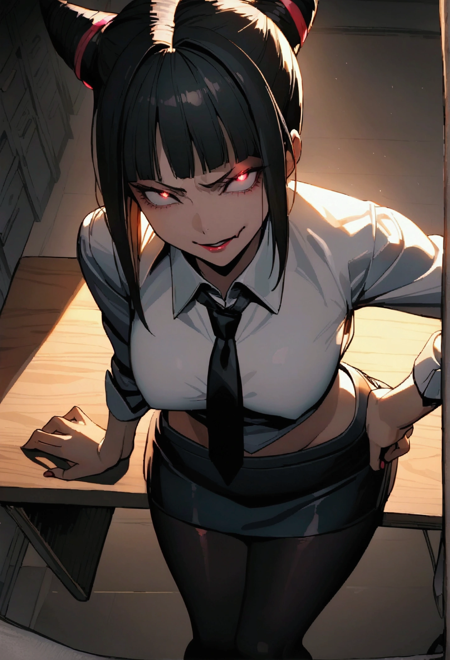 "Makima, 1 female , evil smile, wearing a school uniform , open shirt, burned pants, medium breast, sexy pose, chains on her feets and wrists