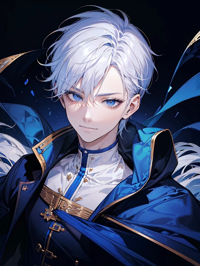 boy, blue eyes, white short wavy hair, cool boy, handsome boy. sadistic smile. noble. intimidation