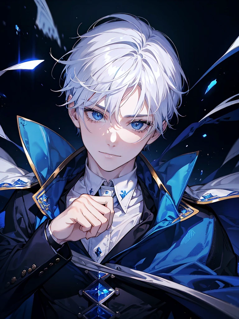 boy, blue eyes, white short wavy hair, cool boy, handsome boy. sadistic smile. noble. intimidation