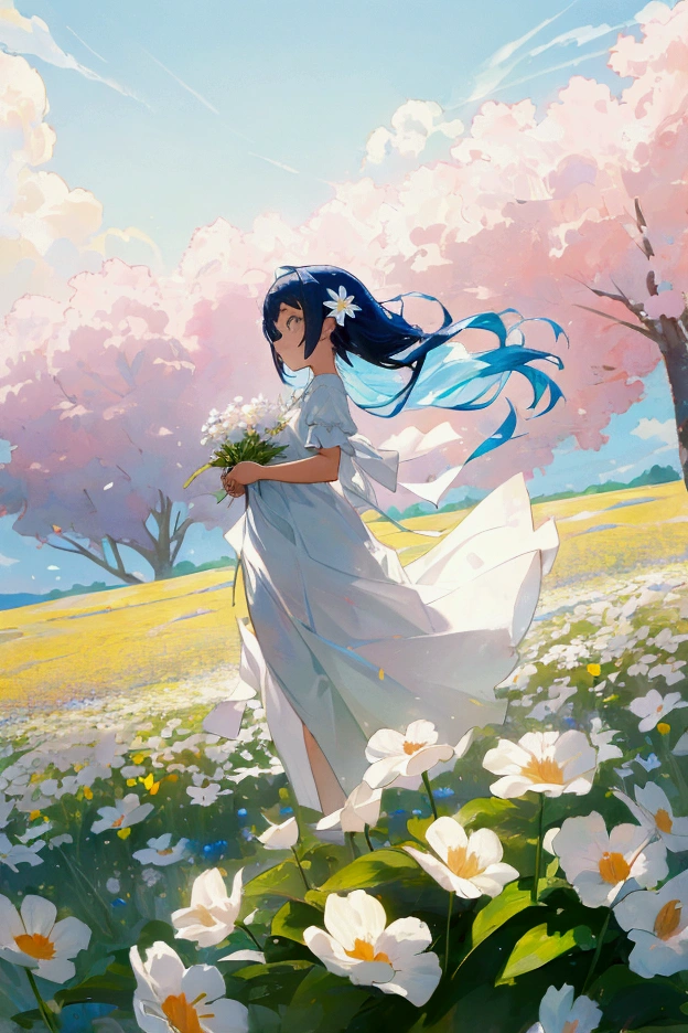 masterpiece,Cute 1 girl, White sundress suits you,background: A flower field filled with colorful flowers。In the distance you can see blue skies and fluffy clouds.。