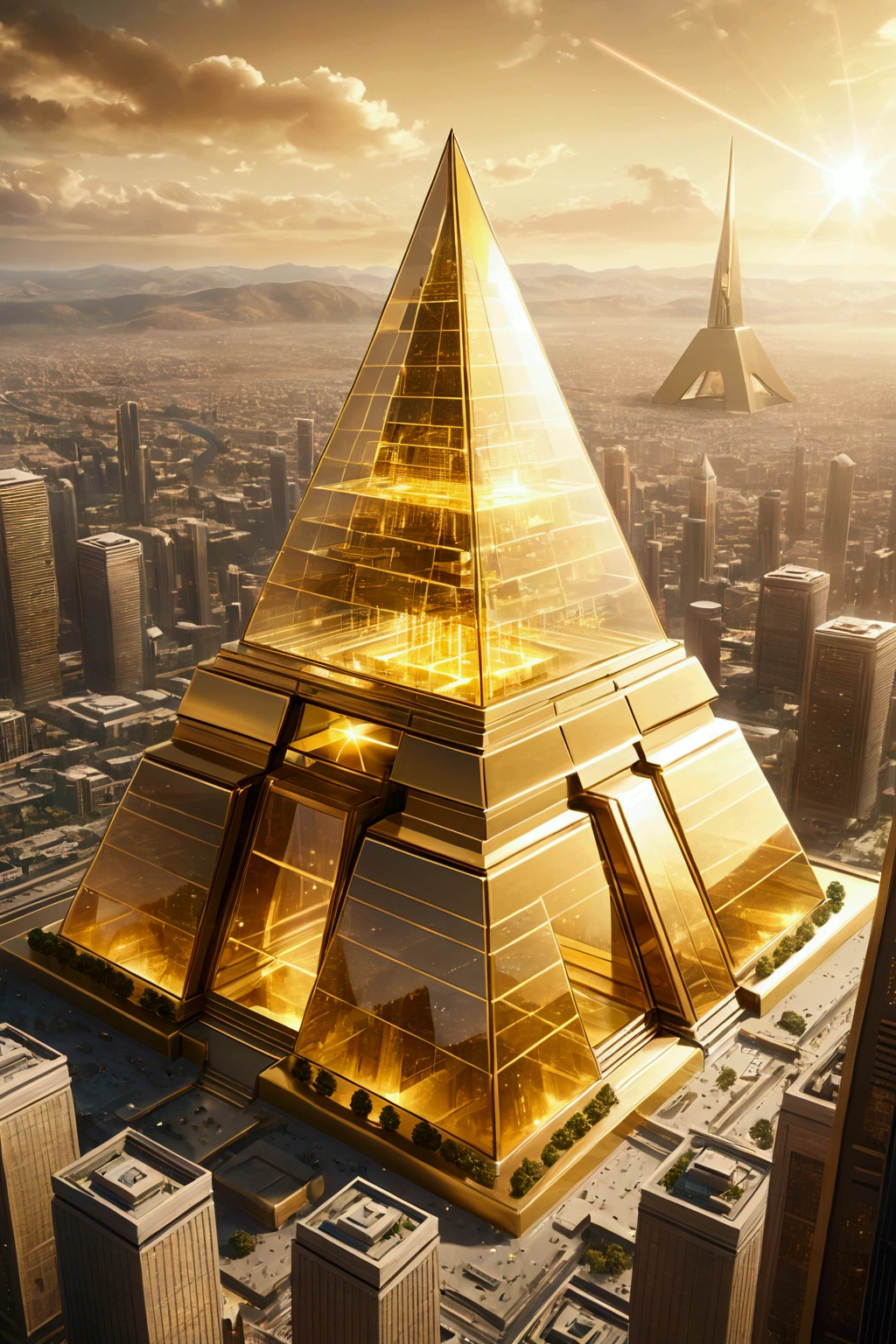 A futuristic background of a golden glass pyramid with laser beams leads to a hyper-realistic science city with huge skyscrapers.. The background hyper-resolution is 4k and has an aspect ratio of 16:9.golden pyramid, masterpiece, anatomically correct, Super detail, high quality, Best Quality, 8k, 16k, High details
