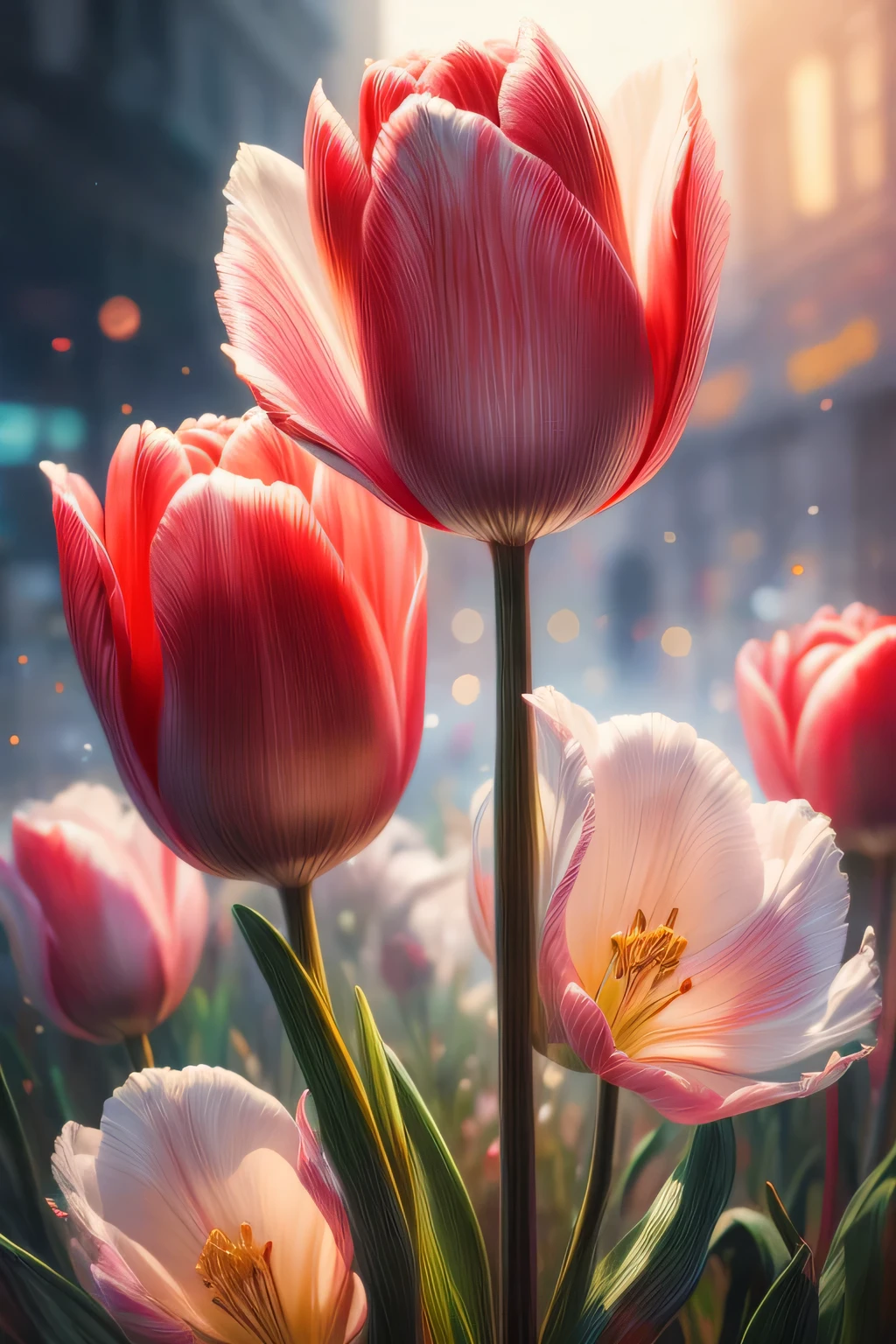 vibrant tulips candy apple delight, masterpiece:1.2, 8k, photorealistic:1.37, soft natural lighting, vivid colors, medium: oil painting, ultra-detailed, realistic, bokeh