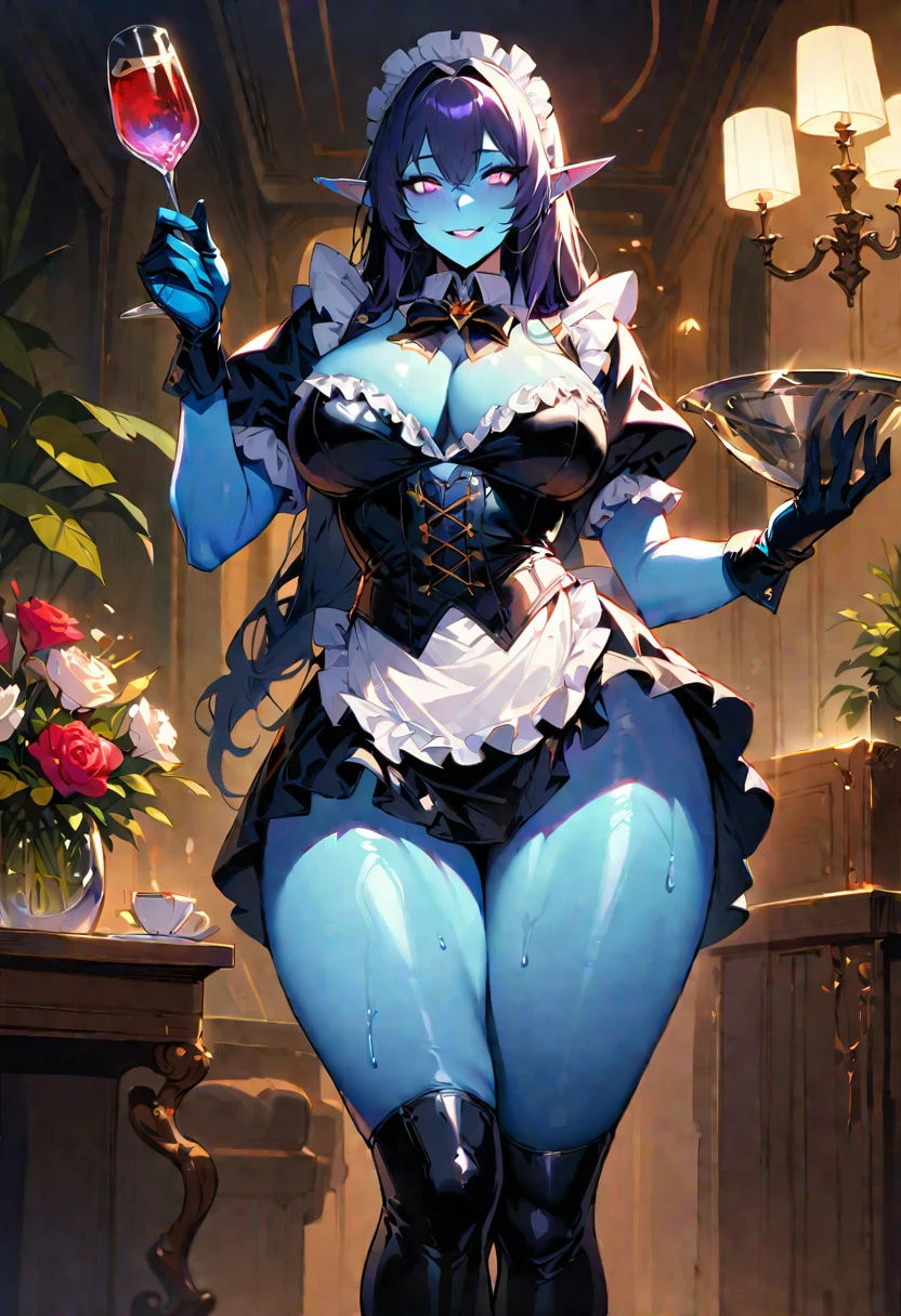 1 mature woman,(Highest quality,Extremely detailed depiction,Incredibly absurd high resolution,Anatomically accurate depiction,Curvy Legs),(Glowing Skin,Shiny skin),(Glowing Skin,Shiny skin,Oilskin),(Sexy maid),(Blue Skin:1.5,Dark Elf:1.2),(Luxurious decorations,Long gloves,Black and white latex maid outfit,Maid Skirt,corset,See-through,black tights),eyelash,A little sweat,(Purple Eyes,Detailed pupil,Half-closed eyes:1.5,Crazy Eyes,There is cleavage in the chest,Wicked Smile,glossy purple lipstick,Seductive gestures),(whole body),Holding a glass tulip in her hand:1.5