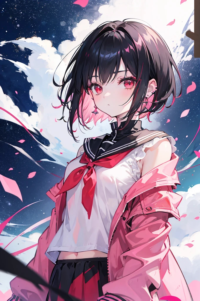 Anime, girl, teenage, hime-cut, short hair, black hair, red eyes, cool, , earrings, night, highlights pink under hair, 