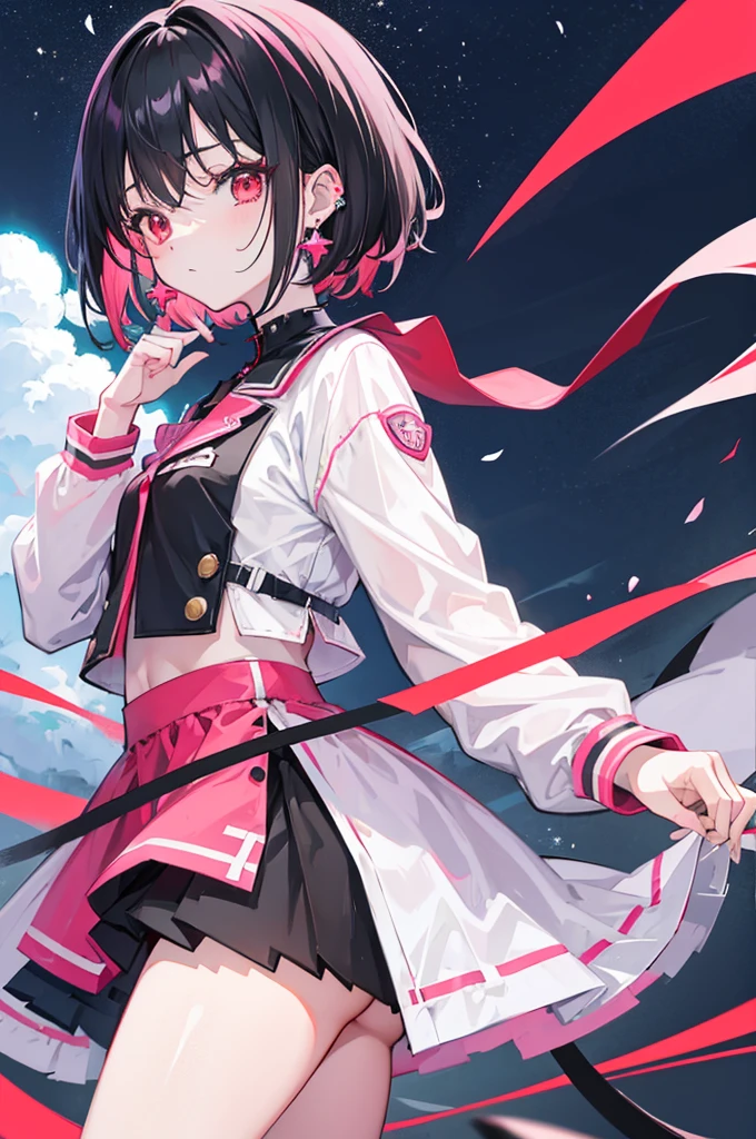 Anime, girl, teenage, hime-cut, short hair, black hair, red eyes, cool, , earrings, night, highlights pink under hair,