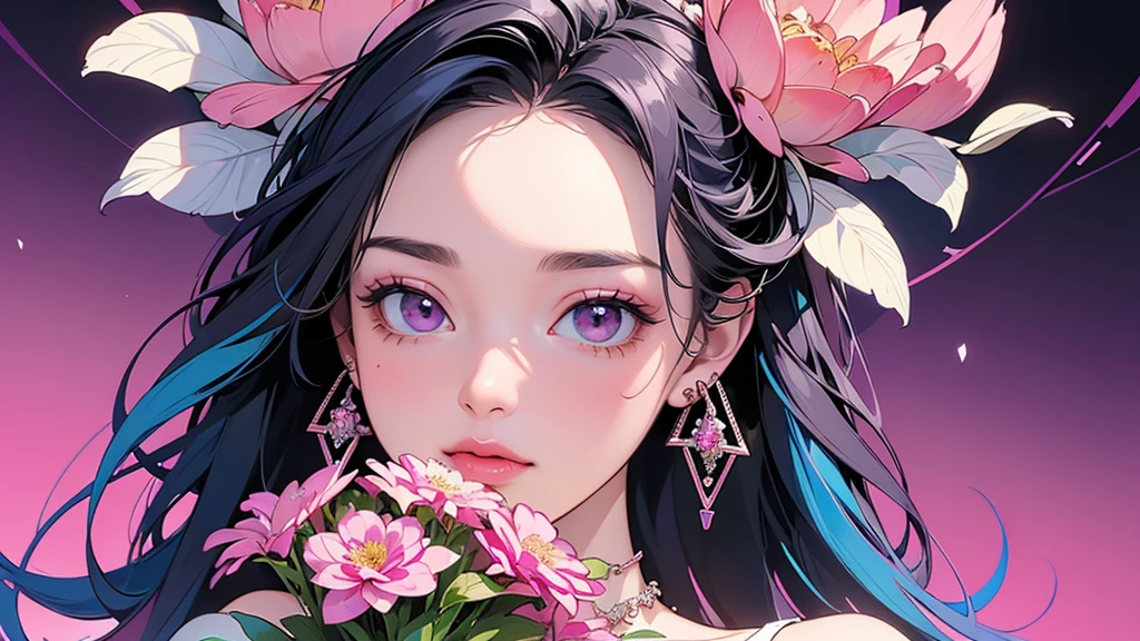 32K, 最高quality, 最高masterpiece, (ultra-Detailed Background, Detailed Background), High resolution, Super detailed, Very detailedな, One girl, (bouquet:1.3), (Tangled:1.2), (Geometric:1.2),(colorful),(masterpiece, quality, best quality, Official Art, Beautiful and beautiful:1.2), (1 girl:1.3), Very detailed,(colorful:1.1)(Flowers:1.3),Most detailed,(Tangled:1.2), whole body, (Abstract background:1.3), (Skin glows), (Many colors:1.4), ,(Earrings Jewelry:1.5), Gradient pink background,