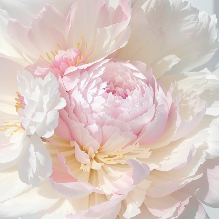 there is a white flower with a pink center in the middle, peony, soft and intricate, peony flower, soft white glow, peonies, ethereal soft and fuzzy glow, in pastel shades, soft glow, peony flowers, in pastel colors, pink petals, insanely beautiful, with soft pink colors, white and pink, light pink tonalities