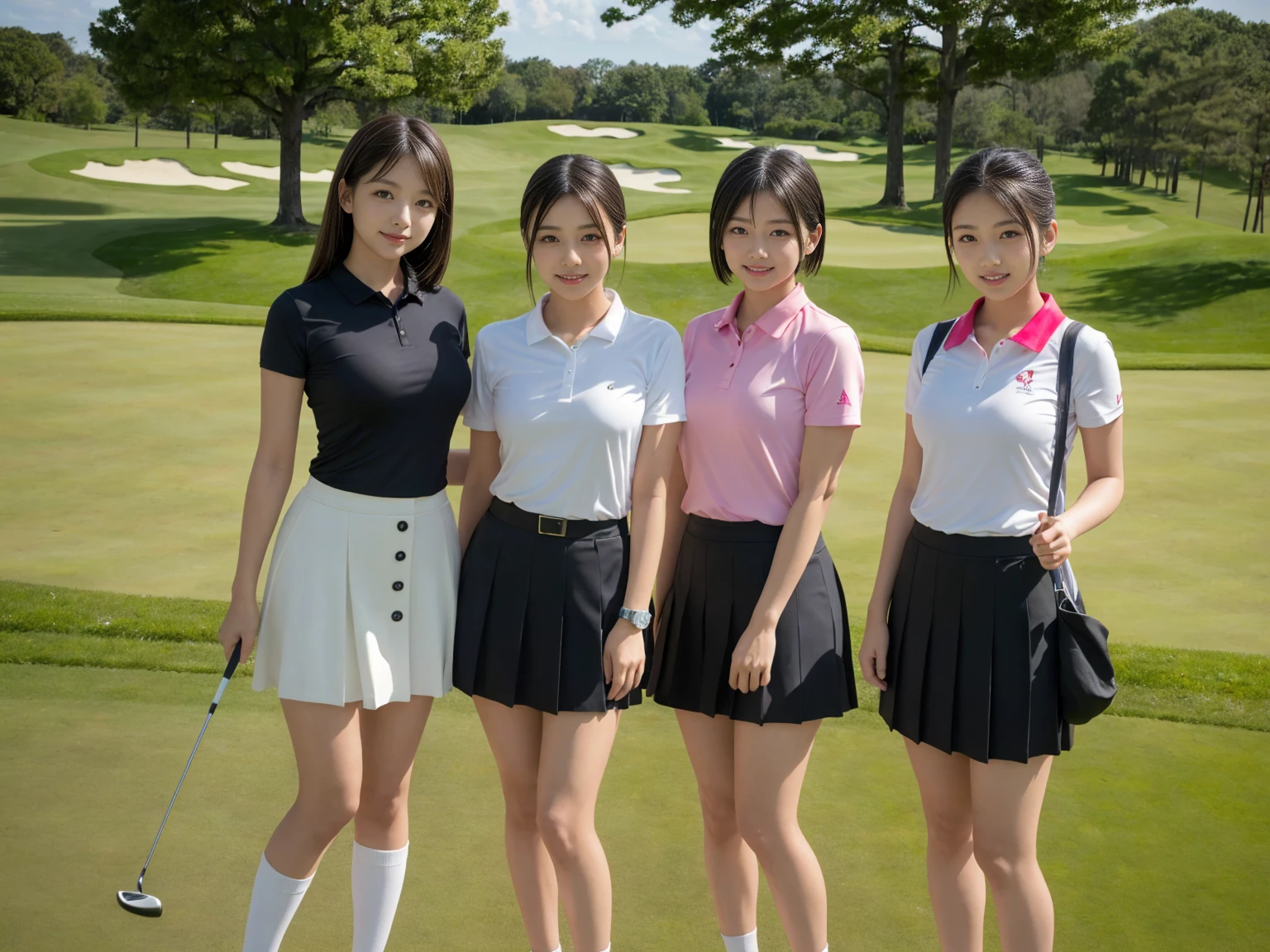 masterpiece, Highest quality, figure, Very detailed, The finer details, High resolution, 8k,wallpaper, Perfect dynamic composition,(Detailed high quality, Realistic depiction of eyes:1.3), (Three Girls), Tight-fitting golf wear with buttons on the collar and chest, Tight golf skirt, Seraphim, Short Bob Hair, The background is an empty golf course, Deep in the field, Large Breasts, Black hair color, Big Natural Color Lip, (Perfect figure), (smile)、Harajuku Style、Elementary school girl in Japan:1.3), Adorable expression、Expressions of happiness、10 years old、height: 145cm、Baby Face、Amazingly cute、Cute type、Beautiful feet, Idol Sculpture、(Big Breasts)、(Erect nipples:1.1)
