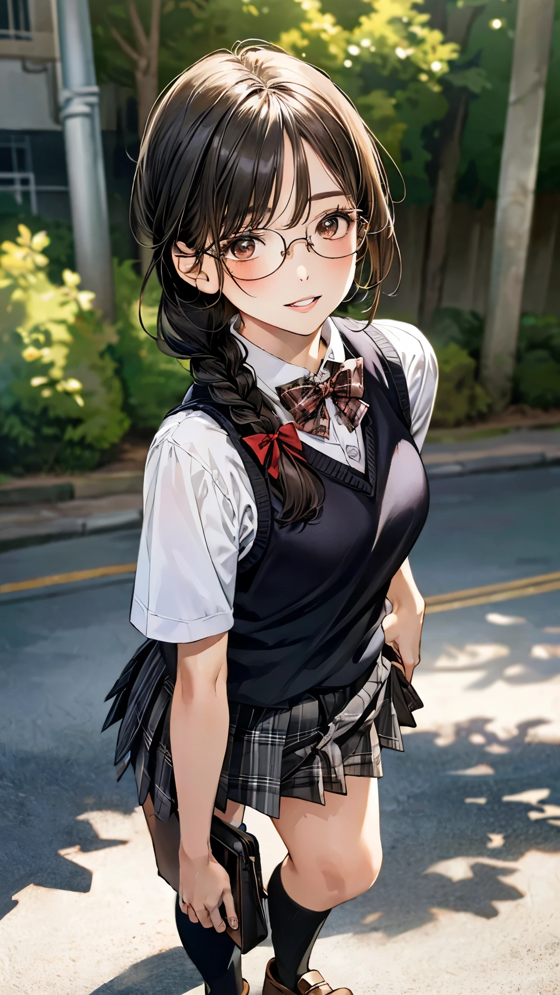 (masterpiece:1.3, top-quality, ultra high res, ultra detailed), (realistic, photorealistic:1.4), beautiful illustration, perfect lighting, natural lighting, colorful, depth of fields, surrealism,
beautiful detailed hair, beautiful detailed face, beautiful detailed eyes, beautiful clavicle, beautiful body, beautiful chest, beautiful thigh, beautiful legs, beautiful fingers, shiny skin,
looking at viewer, 1 girl, japanese, high school girl, (perfect anatomy, anatomically correct, super detailed skin), cute and symmetrical face, babyface, perfect face, perfect eyes,
(middle hair, twin braid, black hair), parted bangs, brown eyes, big eyes, drooping eyes, round glasses, long eyelashes, (medium breasts, seductive thighs), slender, outstanding style,
((detailed cloth texture, break,break, white collared shirt, break,break, light brown knit vest, break,break, grey plaid pleated skirt, break,break, red bow tie), break,break, white socks, black loafer),
(beautiful scenery), evening, (park), standing, (arms behind back), (lovely smile, parted lips),