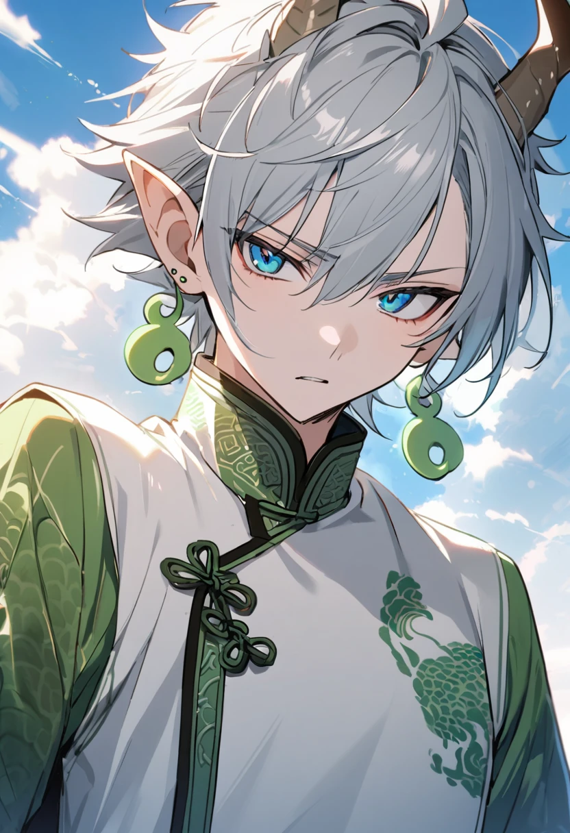 1 teenage boy, silver hair, waist-length. Dressed in a white and green Chinese suit, two green Magatama-shaped earrings on his ears, sky-blue eyes, white complexion, and two small dragon horns coming out of his head.