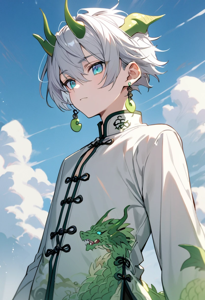 1 boy, silver hair, waist-length. Dressed in a white and green Chinese suit, two green Magatama-shaped earrings on his ears, sky-blue eyes, white complexion, and two small dragon horns coming out of his head.