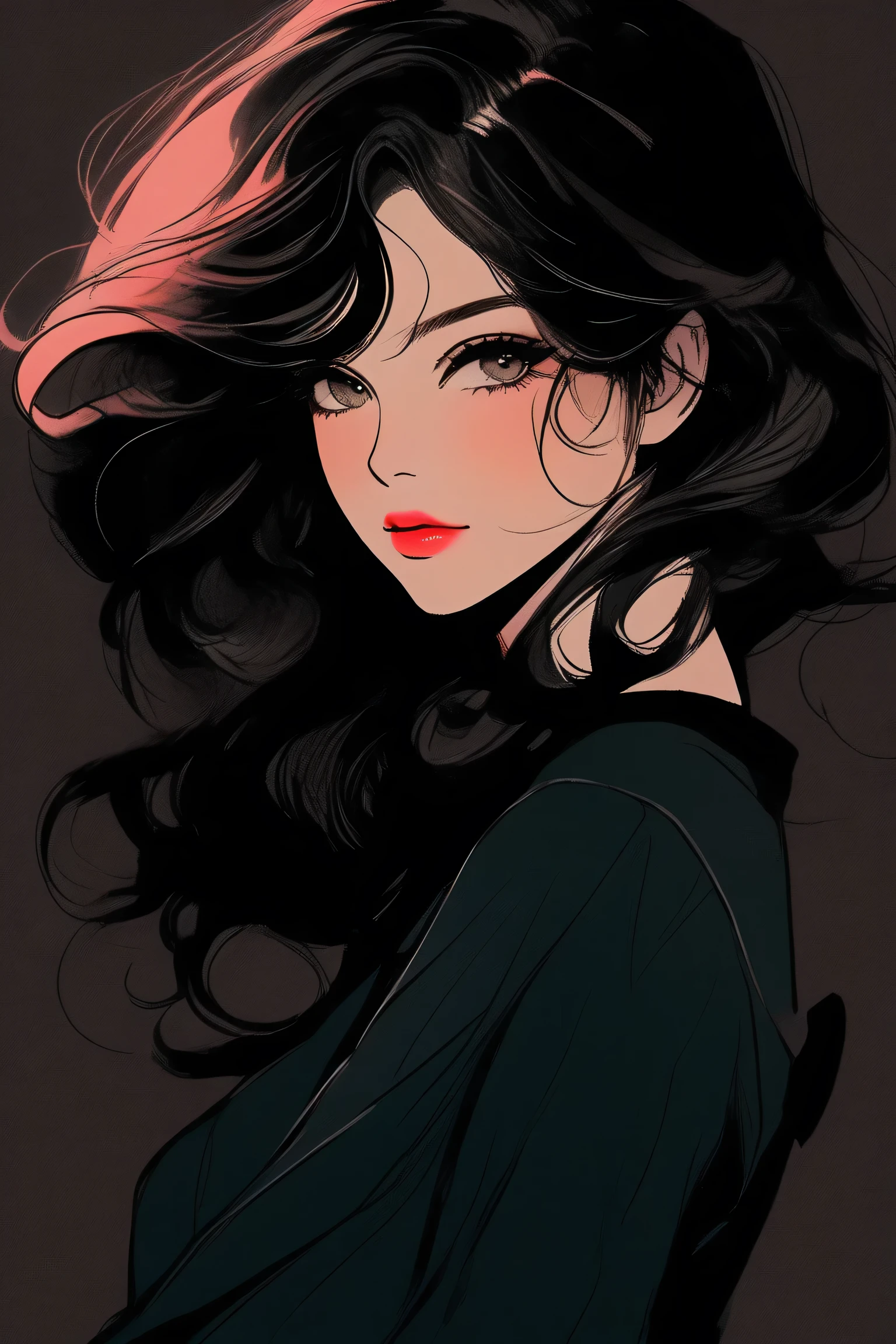 (best quality, sketch:1.2), epic realistic,illustrator,anime,1 women, detailed lips,custom, (background dark),textured cropping, hdr, details, masterpiece, style retro, colour gradient, art, (bob cascade hair (black:1.75) [neon:1.32])