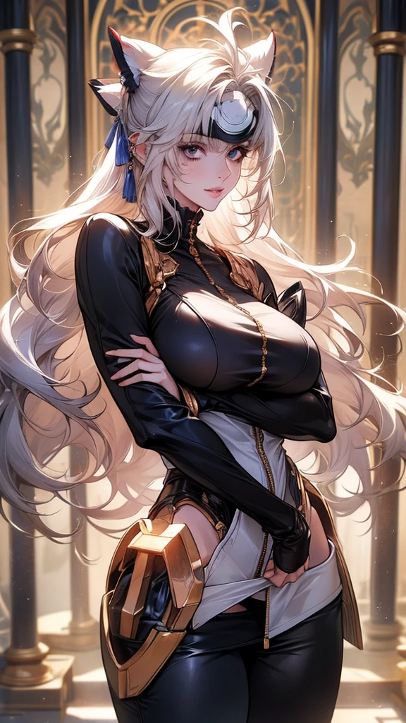 (masterpiece: 1.2), (best quality: 1.2) 1 woman, mature, tall (1.85), appeared to be around 25 years old, had silver (light) hair, straight and shiny hair, tied up in samurai bun, bangs, silver eyes like the purest silver, extremely detailed eyes, perfect eyes, extremely realistic eyes, well-lined eyes, long eyelashes, anime style, perfect face, milf face, sculpted chin, ultra feminine chin, lips fleshy, smiling, mature, fair skin, natural body, sexy body, milf body, both hands on her waist, perfect hands, detailed hands, hands well proportioned to the body, realistic hands, arms with good anatomy, she only wore a jacket black leather with long sleeves, white blouse under the jacket that still couldn't hide her extremely large and enormous breasts that hung down due to her size, muscular abdomen, well-defined six-pack, black leather pants with blue details on the legs, ankle boots brown high tops, thick thighs, curvy ass, wide hips, looking at viewer, backdrop on top of a European style castle, posing standing, straight waist, alone, looking at viewer