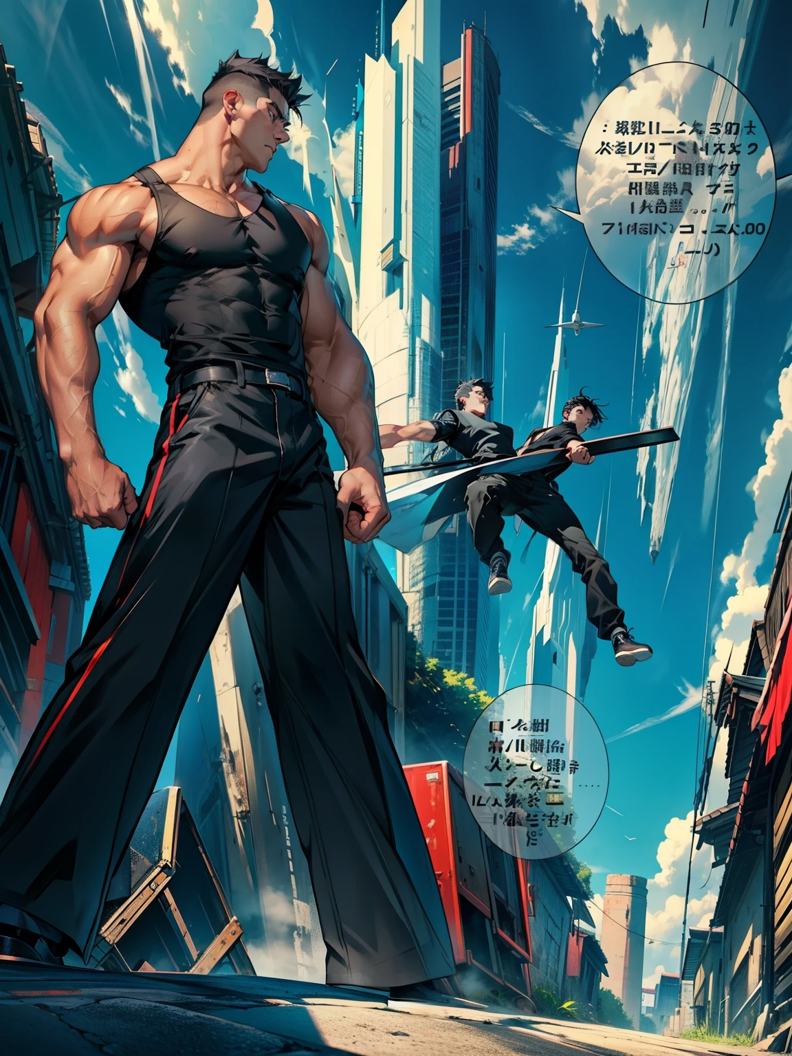 boys 26 Years old, Serious face, black shirt, sleeveless, black pants, black hair, levitate on sky, blue sky, cloud