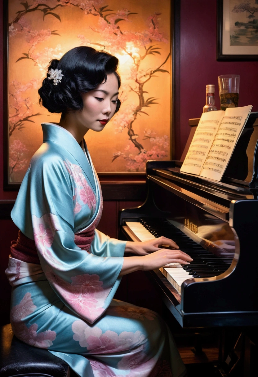 A beautiful Japanese woman in a kimono plays bluesy piano in a 1930s bar in the American South. Ink Painting A subtle light color