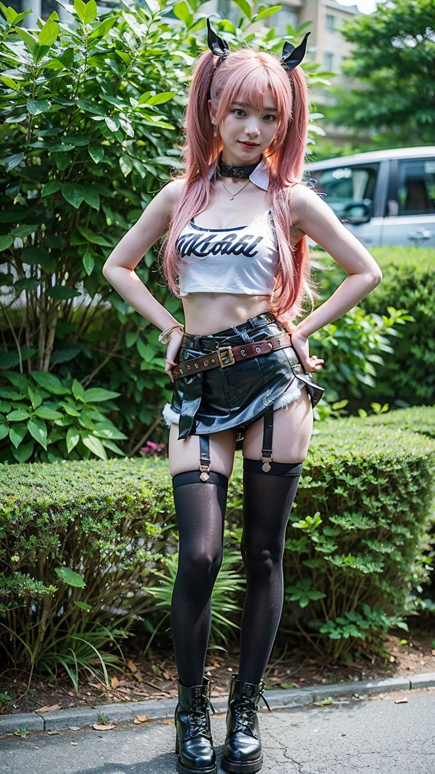 (8k、RAW Photos、Highest quality、masterpiece:1.2)、(Realistic、Realistic)、1 girl、((Pink Hair、Twin tails、mini skirt、Tube top、black、Thin legs、whole body、boots、one piece、tights、View from the front、Looking into the camera、belt、Stand with hands on hips))、cute
