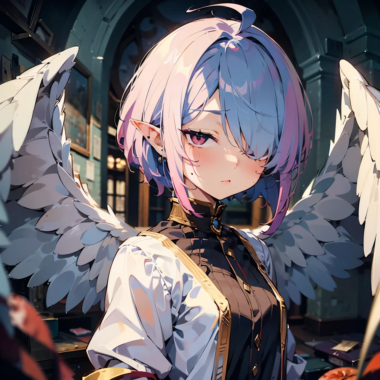 ((1girl)), stone blue hair, short hair, ((HAIR OVER ONE EYE)), (small ahoge), elf ears, angel wings, (pink eyes), high quality, dim, dramatic lighting, focus on face, ((looking away from the viewer)), deadpan/serious expression, dark atmosphere, (fisheye), (blood on cheek), injuries