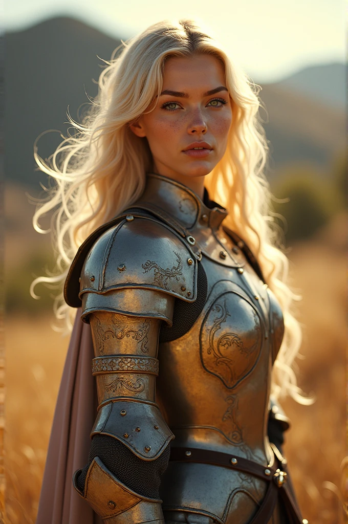 Masterpiece, a beautiful female knight (Nata Lee), bright eyes, blond hair, broad shoulders, strong body, high detail pale skin with light freckles, high detail filigree armor, outside, (skin texture:1.1), best quality, ultra high res, Raw photo, Nikon D850, backlight, rimlight, bright sunlight, film grain:1.2, (warm hue, warm tone:1.2), (color photo), fantasy landscape background