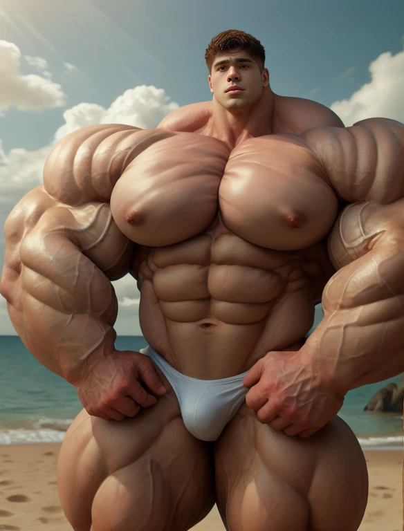 1boy, giant, alone, giant bodybuilder, illuminating light, strong body, bulk, large size, standing at the serene beach, nude, naked, bare, white triangular underwear with enormous bulge, extraordinary big, brutalmass, giant muscular body, bulk, buff, massive body, large meaty body size, extremely wide body