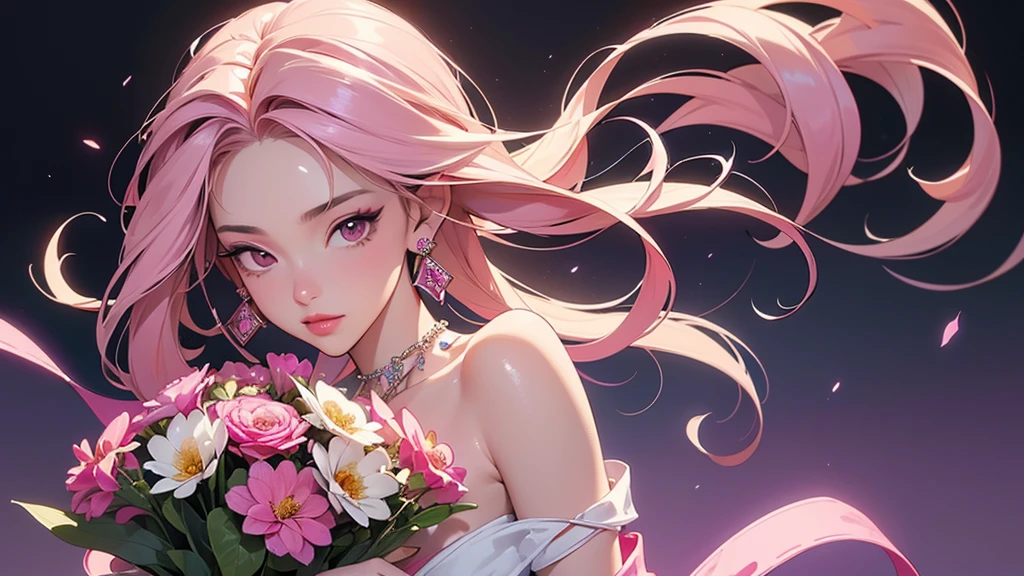 32K, 最高quality, 最高masterpiece, (ultra-Detailed Background, Detailed Background), High resolution, Super detailed, Very detailedな, One girl, (bouquet:1.3), (Tangled:1.2), (Geometric:1.2),(colorful),(masterpiece, quality, best quality, Official Art, Beautiful and beautiful:1.2), (1 girl:1.3), Very detailed,(colorful:1.1)(Flowers:1.3),Most detailed,(Tangled:1.2), whole body, (Abstract background:1.3), (Skin glows), (Many colors:1.4), ,(Earrings Jewelry:1.5), Gradient pink background,