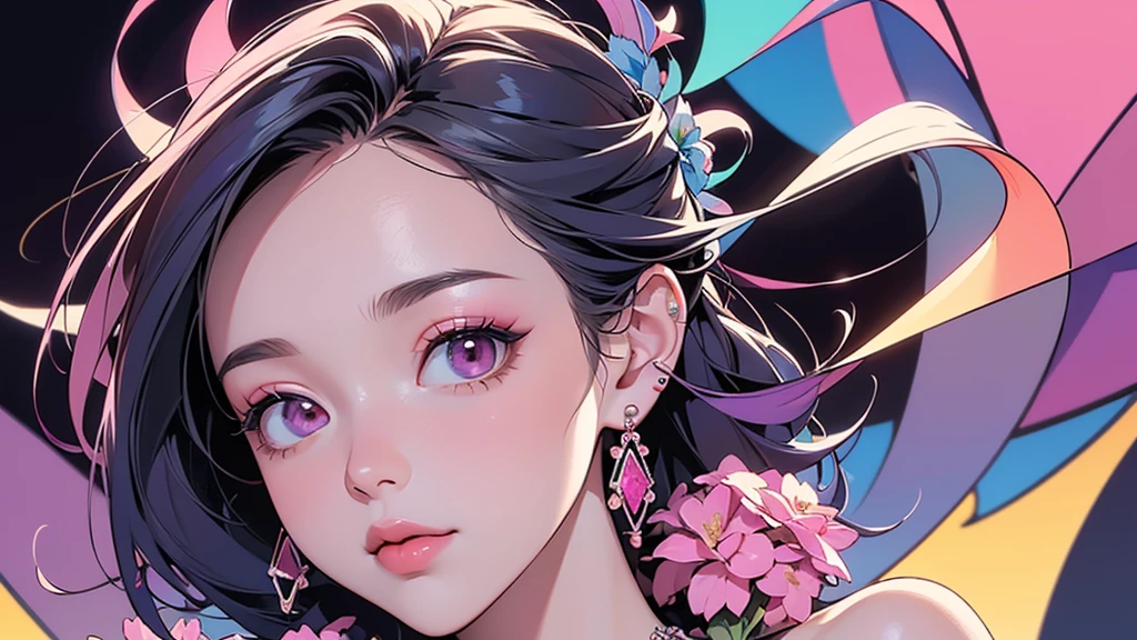 32K, 最高quality, 最高masterpiece, (ultra-Detailed Background, Detailed Background), High resolution, Super detailed, Very detailedな, One girl, (bouquet:1.3), (Tangled:1.2), (Geometric:1.2),(colorful),(masterpiece, quality, best quality, Official Art, Beautiful and beautiful:1.2), (1 girl:1.3), Very detailed,(colorful:1.1)(Flowers:1.3),Most detailed,(Tangled:1.2), whole body, (Abstract background:1.3), (Skin glows), (Many colors:1.4), ,(Earrings Jewelry:1.5), Gradient pink background,