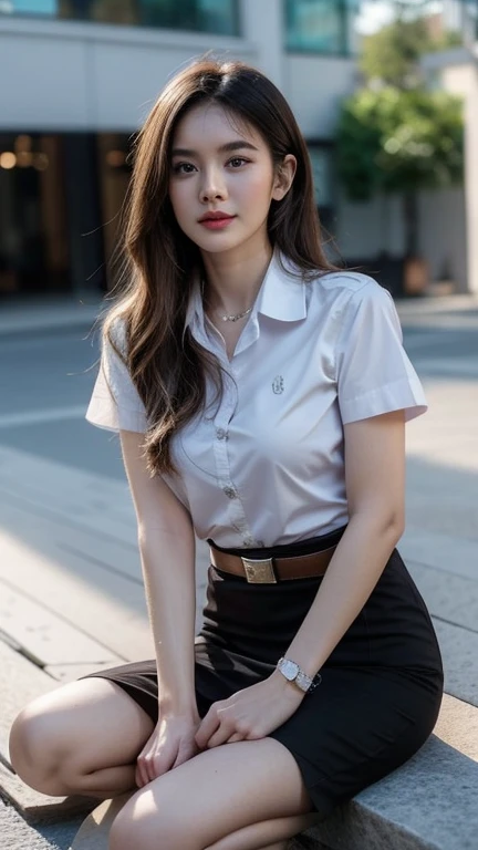 Pretty thai woman standing in wonder Turn to the side , Turn your body to the side ,  (8k, best quality, masterpiece, ultra highres:1.2) Photo of Pretty thai woman beautiful, beautiful enchanting fashion contemporary painting with , (1girl), (white shirt short sleeves), ((black pencil skirt)), belt , blonde hair, , realistic skin texture , round chin, 85 mm art lens, f 1. 2, sharp focus, 8 k high definition, insanely detailed, intricate, elegant, large breasts, big breasts , black skirt 