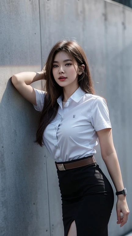 Pretty thai woman standing in wonder Turn to the side , Turn your body to the side ,  (8k, best quality, masterpiece, ultra highres:1.2) Photo of Pretty thai woman beautiful, beautiful enchanting fashion contemporary painting with , (1girl), (white shirt short sleeves), ((black pencil skirt)), belt , blonde hair, , realistic skin texture , round chin, 85 mm art lens, f 1. 2, sharp focus, 8 k high definition, insanely detailed, intricate, elegant, large breasts, big breasts , black skirt 