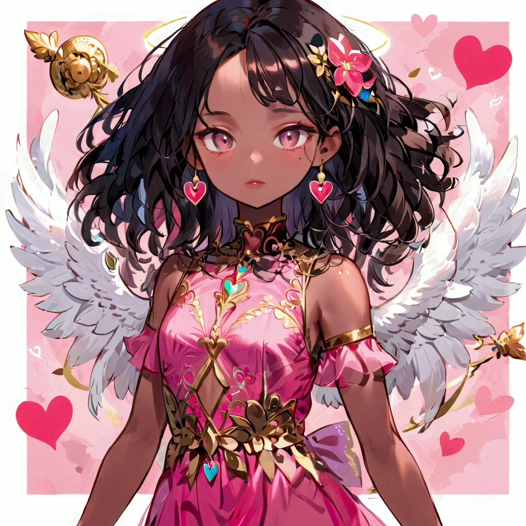 a cartoon picture of a woman with a pink dress and wings, dark skin female goddess of love, cute detailed digital art, of an beautiful angel girl, cute art style, official character illustration, portrait of a beautiful angel, digital anime illustration, commission for high res, cartoon style illustration, angel girl, fullbody commission for, detailed fanart, anime style illustration