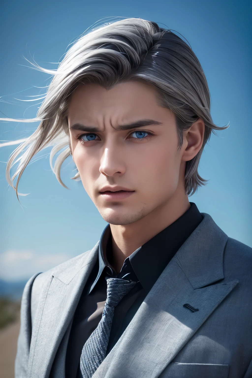 High resolution, Gaze, blue eyes, Open your mouth a little, Shortcuts, Gray Hair, Shiny Hair, Hair blowing in the wind, Black onyx earrings, crying with eyes open, 190cm、Model body type、Beautiful man、trembling lips