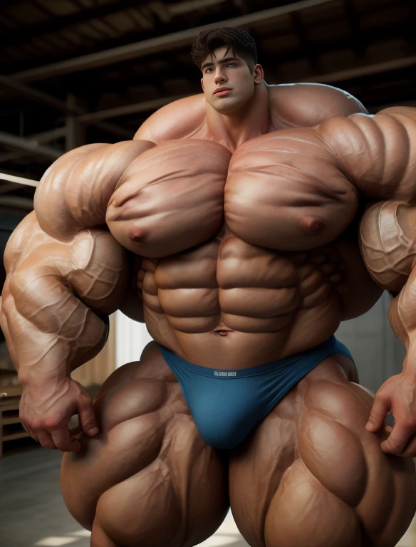 1boy, giant, alone, giant bodybuilder, illuminating light, strong body, bulk, large size, standing in whiet photo studio, indoor, nude, superman blue triangular underwear, thick bulge, scratch his bulge, extraordinary big, brutalmass, giant muscular body, bulk, buff, massive body, large meaty body size, extremely wide body