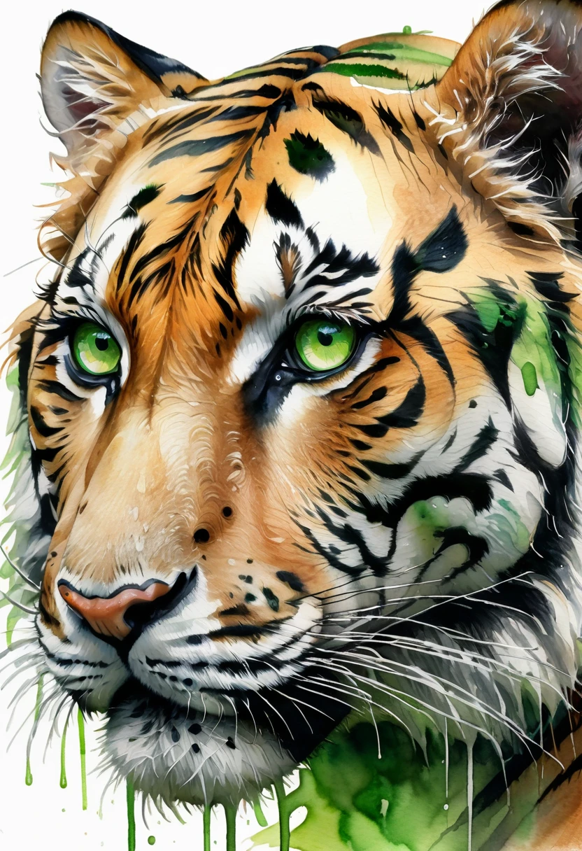 a tiger head with bright green eyes, side view, Watercolor paints, 8K resolution, soft, tender, dripping paint, White background, Watercolor painting