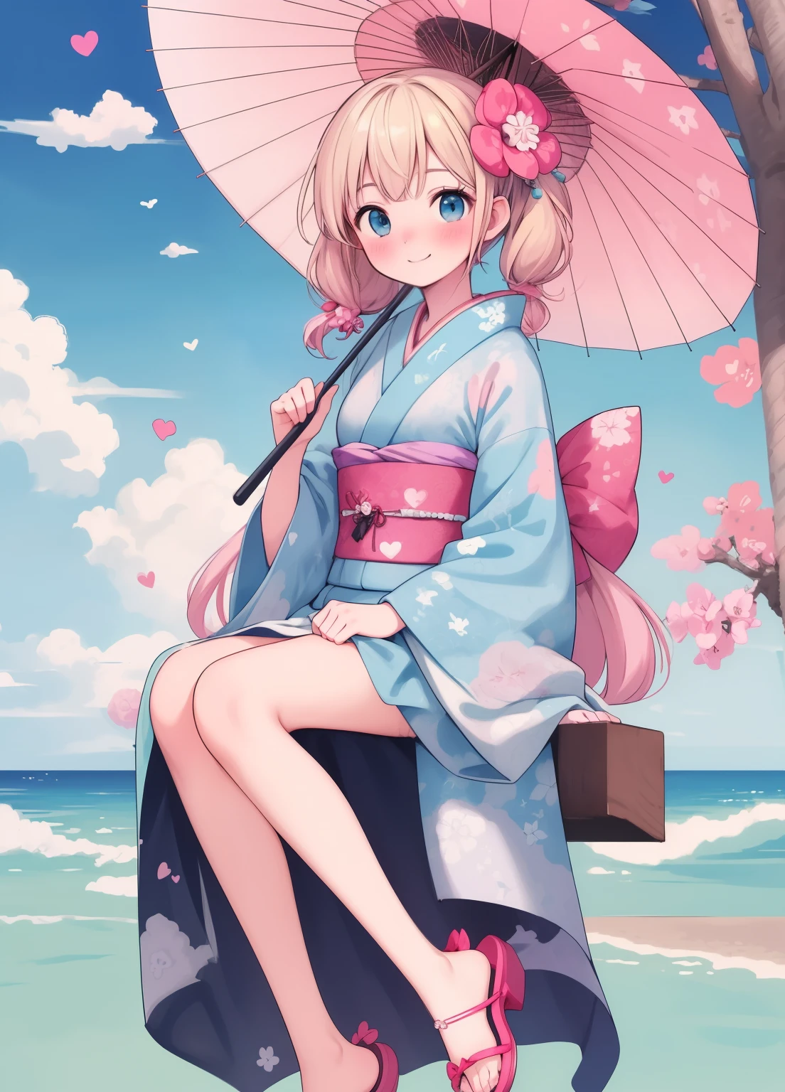 (masterpiece、Highest quality、Highest quality、Official Art、Beautiful and beautiful:1.2)、(One girl:1.3)Hatsune Miku、Twin tails,Beautiful breasts, Katsushika Hokusai,masterpiece, Highest quality, One girl, alone, umbrella, kimono, blue eyes, kimono, oil-paper umbrella, smile, Long Hair,  Gray Hair, or, Sitting, shoes下, Holding, Multicolored Hair, Sandals,  View your viewers, sash, Sandals removed, hair ornaments, Holding umbrella, shoes, Haori, whole body, Happy new year, white shoes下, shoes removed, Wide sleeves, Long sleeve, Parasol, heart, blush, One leg, Pink Hair, Lie in, Floral print, Mouth closed, Blonde