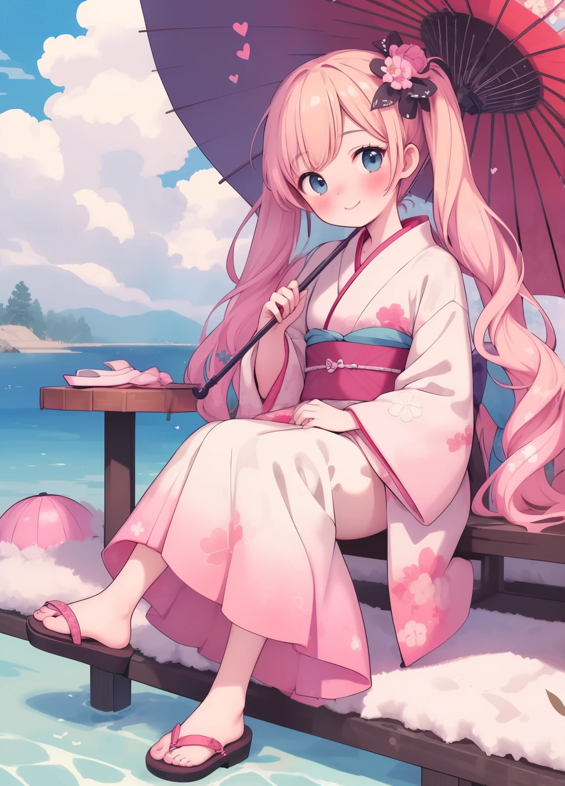 (masterpiece、Highest quality、Highest quality、Official Art、Beautiful and beautiful:1.2)、(One girl:1.3)Hatsune Miku、Twin tails,Beautiful breasts, Katsushika Hokusai,masterpiece, Highest quality, One girl, alone, umbrella, kimono, blue eyes, kimono, oil-paper umbrella, smile, Long Hair, Gray Hair, or, Sitting, shoes下, Holding, Multicolored Hair, Sandals, View your viewers, sash, Sandals removed, hair ornaments, Holding umbrella, shoes, Haori, whole body, Happy new year, white shoes下, shoes removed, Wide sleeves, Long sleeve, Parasol, heart, blush, One leg, Pink Hair, Lie in, Floral print, Mouth closed, Blonde