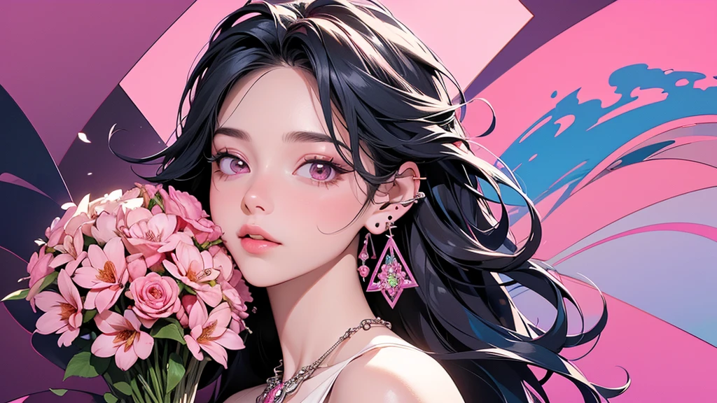 32K, 最高quality, 最高masterpiece, (ultra-Detailed Background, Detailed Background), High resolution, Super detailed, Very detailedな, One girl, (bouquet:1.3), (Tangled:1.2), (Geometric:1.2),(colorful),(masterpiece, quality, best quality, Official Art, Beautiful and beautiful:1.2), (1 girl:1.3), Very detailed,(colorful:1.1)(Flowers:1.3),Most detailed,(Tangled:1.2), whole body, (Abstract background:1.3), (Skin glows), (Many colors:1.4), ,(Earrings Jewelry:1.5), Gradient pink background,