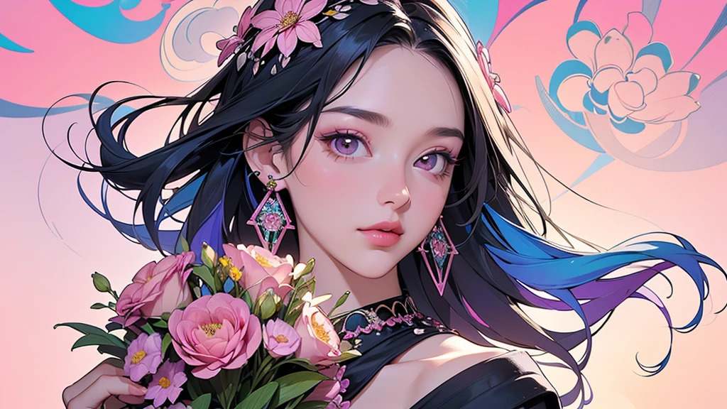 32K, 最高quality, 最高masterpiece, (ultra-Detailed Background, Detailed Background), High resolution, Super detailed, Very detailedな, One girl, (bouquet:1.3), (Tangled:1.2), (Geometric:1.2),(colorful),(masterpiece, quality, best quality, Official Art, Beautiful and beautiful:1.2), (1 girl:1.3), Very detailed,(colorful:1.1)(Flowers:1.3),Most detailed,(Tangled:1.2), whole body, (Abstract background:1.3), (Skin glows), (Many colors:1.4), ,(Earrings Jewelry:1.5), Gradient pink background,