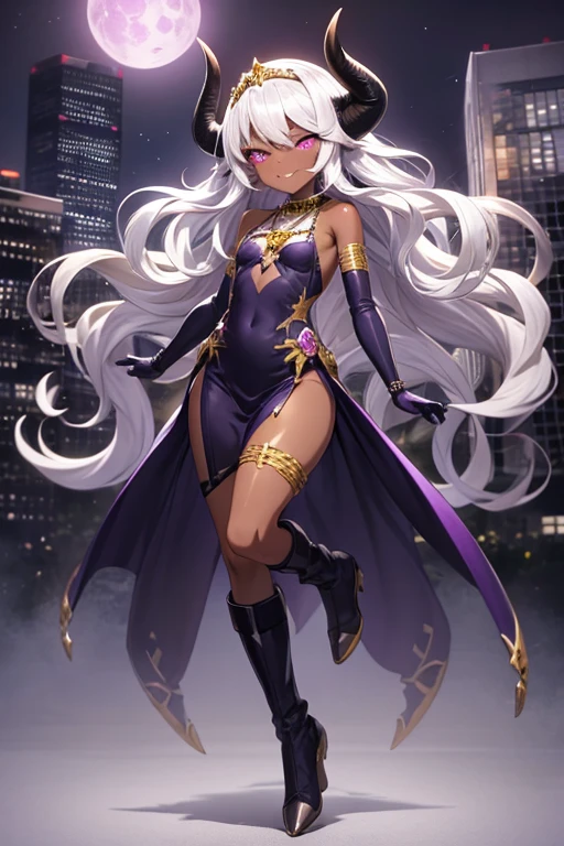 ((best quality)), ((masterpiece)), (detailed), 1 girl, full body, 20s, very dark skin, dark elf, african american, flirty face, young adult, evil smile, purple eyes, moons in eyes, black sclera, white hair, somewhat wavy hair, long hair, bangs, blushing, medium breasts, small braid, gold necklace, black tiara, very small black horns, purple and white witch dress, bare arms, cloth on arms, seductive legs, purple boots, fan, golden wristbands, purple gloves, city background, magic, anime