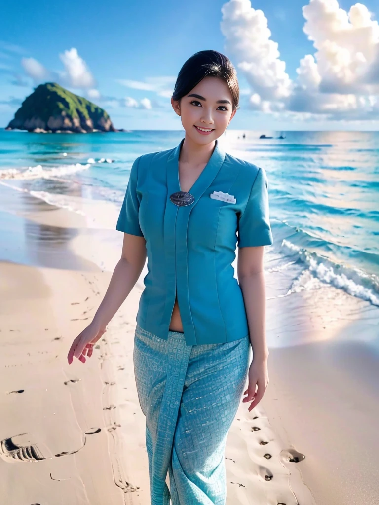 1girl, solo, standing, at the beach,  beautifully ocean scenery, cute little smirk, detailed eyes, thick medium breasts, smooth realistic skin, wearing flight attendant uniform, looking at the audience, (Overhead shot:1.3), (zoom out:1.4), (8k, RAW photo, best quality, masterpiece: 1.2), (realistic, realistic: 1.37), ultra-high resolution