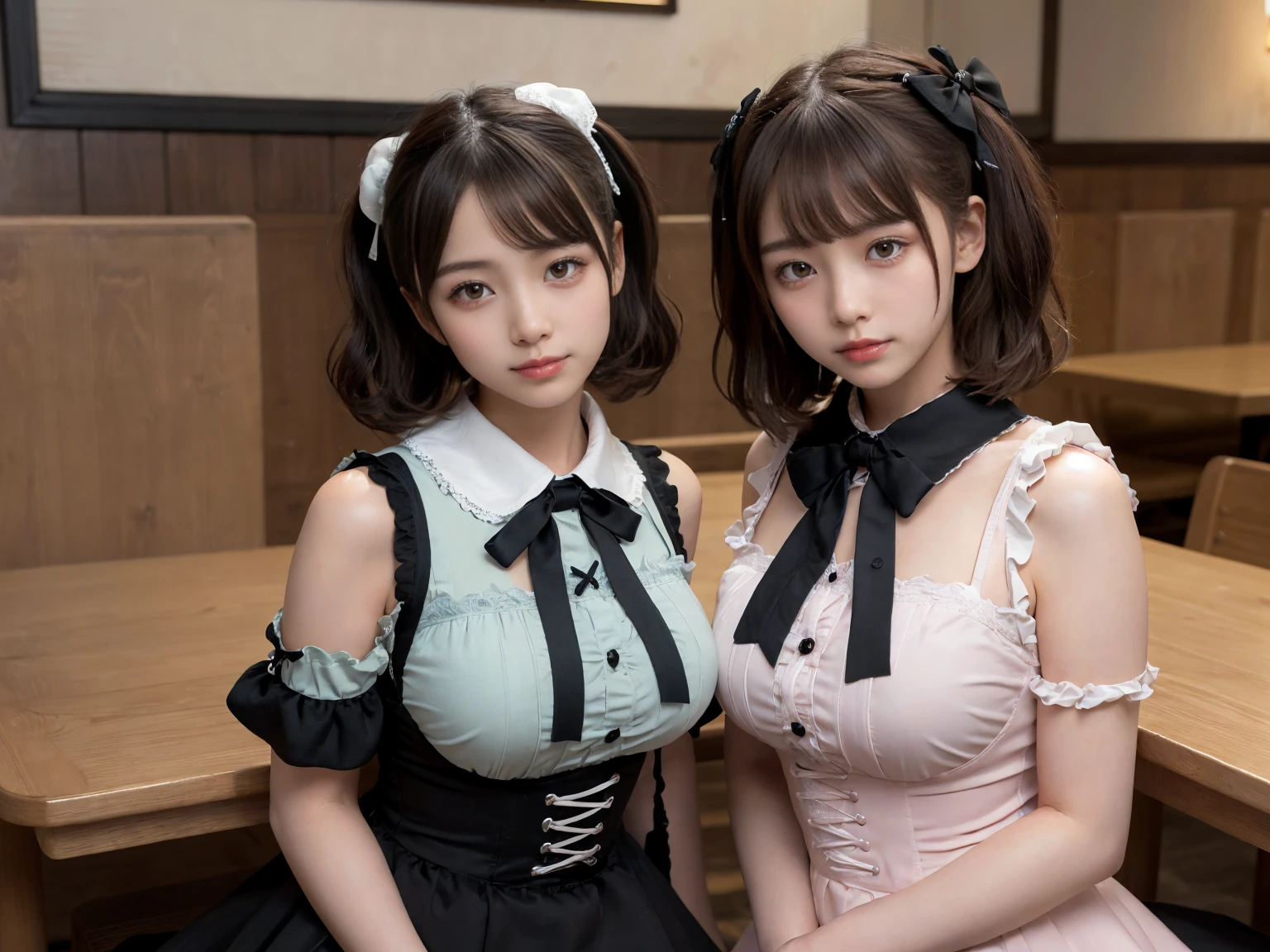 masterpiece, Highest quality, figure, Very detailed, The finer details, High resolution, 8k,wallpaper, Perfect dynamic composition,(Detailed high quality, Realistic depiction of eyes:1.3), (Three Girls),(Gothic Lolita fashion with tight buttons on the collar and chest), Seraphim, Short Bob Hair, In the background is an empty restaurant, Deep in the field, Black hair color, Big Natural Color Lip, (Perfect figure), (smile)、Harajuku Style、 in Japan:1.3), Adorable expression、Expressions of happiness、10 years old、height: 1ce、Amazingly cute、Cute typel feet, Idol Sculpture、Big Breasts