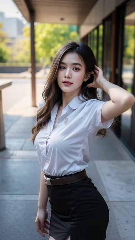 Pretty thai woman standing in wonder Turn to the side , Turn your body to the side ,  (8k, best quality, masterpiece, ultra highres:1.2) Photo of Pretty thai woman beautiful, beautiful enchanting fashion contemporary painting with , (1girl), (white shirt short sleeves), ((black pencil skirt)), belt , blonde hair, , realistic skin texture , round chin, 85 mm art lens, f 1. 2, sharp focus, 8 k high definition, insanely detailed, intricate, elegant, large breasts, big breasts , black skirt 